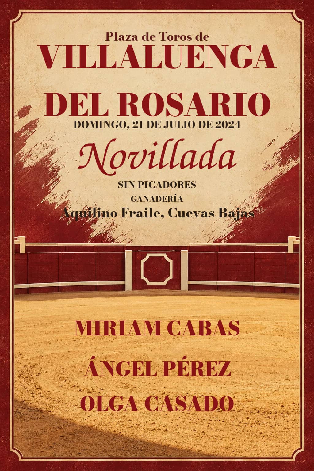 Novillada sin picadores | Villaluenga del Rosario, Cádiz. Villaluenga del Rosario. 2024-07-21. Miriam Cabas, Ángel Pérez, Olga Casado. Aquilino Fraile, Cuevas Bajas