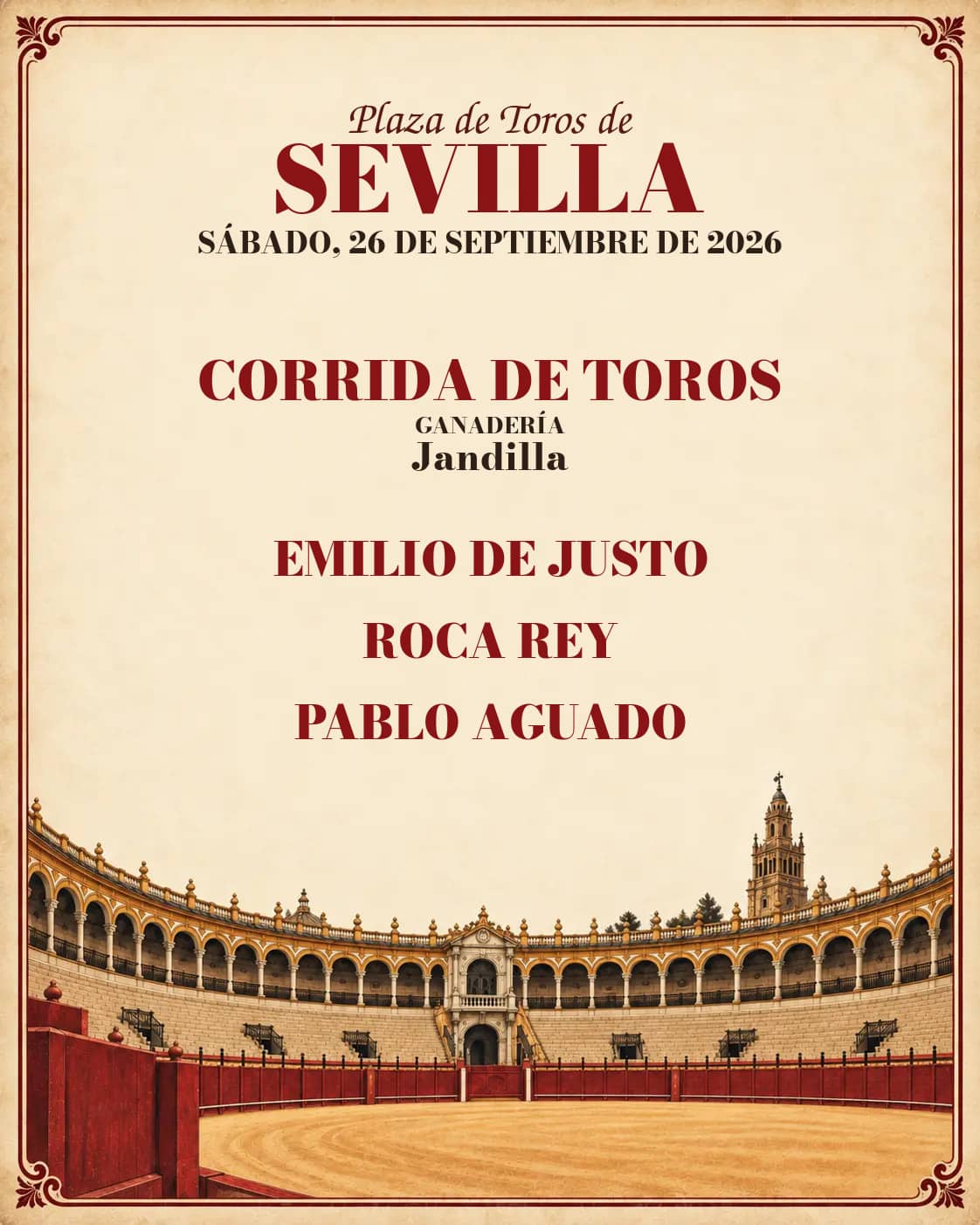 Feria de San Miguel de Sevilla: Emilio de Justo, Roca Rey y Pablo Aguado. Sevilla. 2026-09-26. Emilio de Justo, Roca Rey, Pablo Aguado. Jandilla