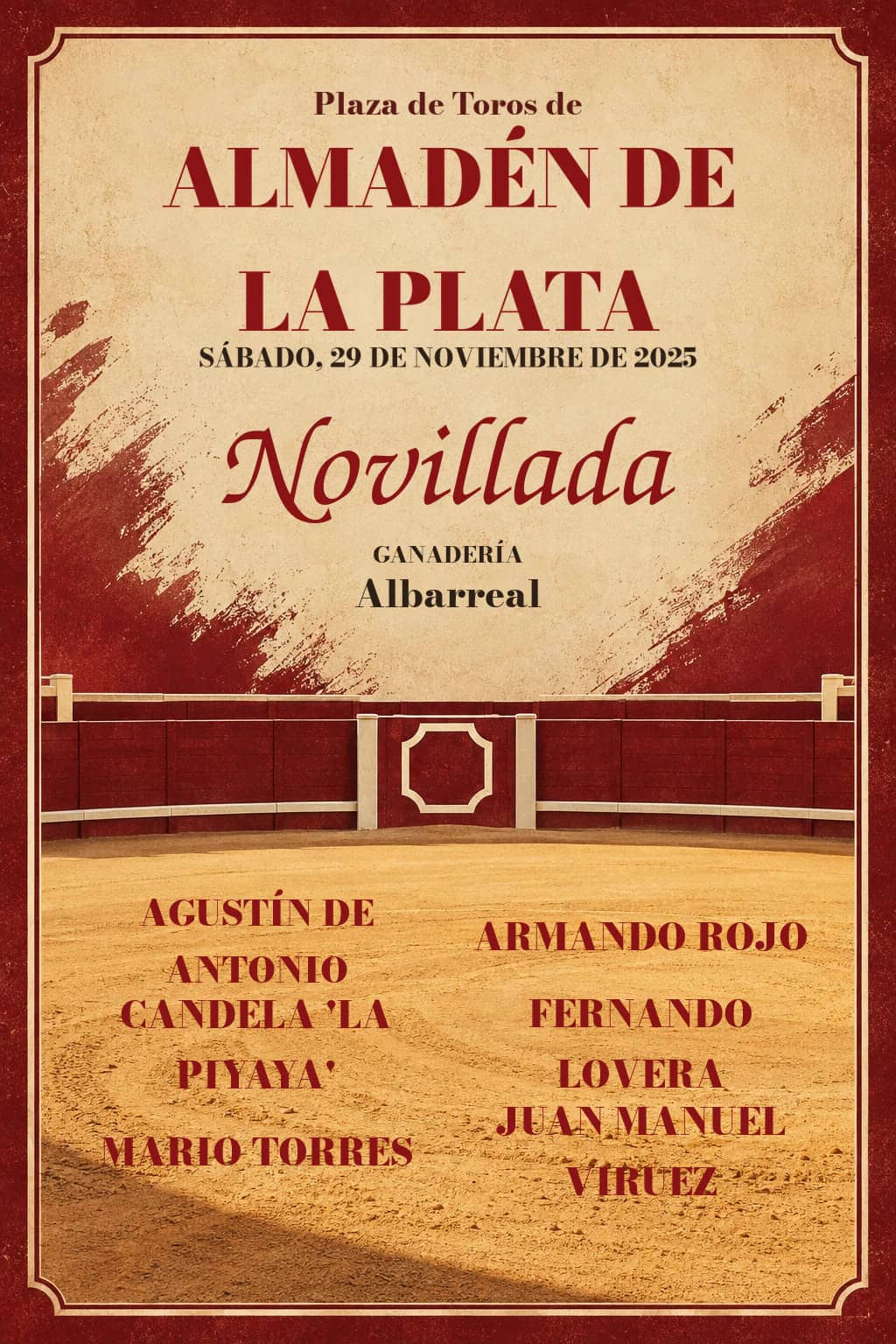 Novillada ‘El jamón’ desde Almadén de la Plata (Sevilla). Almadén de la Plata. 2025-11-29. Agustín de Antonio, Armando Rojo, Candela 'La Piyaya', Fernando Lovera, Mario Torres, Juan Manuel Viruez. Albarreal