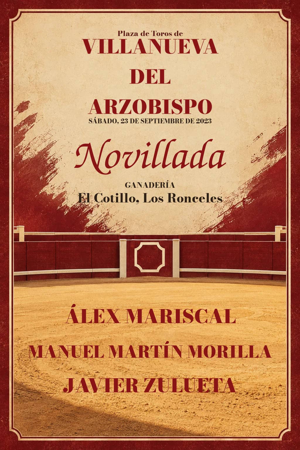 Novillada desde Villanueva del Arzobispo (Jaén). Villanueva del Arzobispo. 2023-09-23. Álex Mariscal, Manuel Martín Morilla, Javier Zulueta. El Cotillo, Los Ronceles