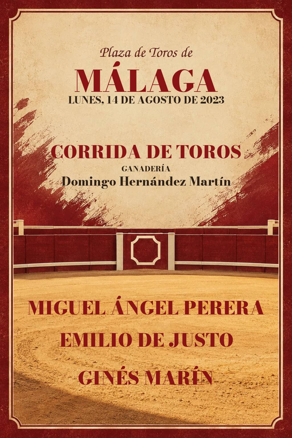 Toros | Málaga. Málaga. 2023-08-14. Miguel Ángel Perera, Emilio de Justo, Ginés Marín. Domingo Hernández Martín