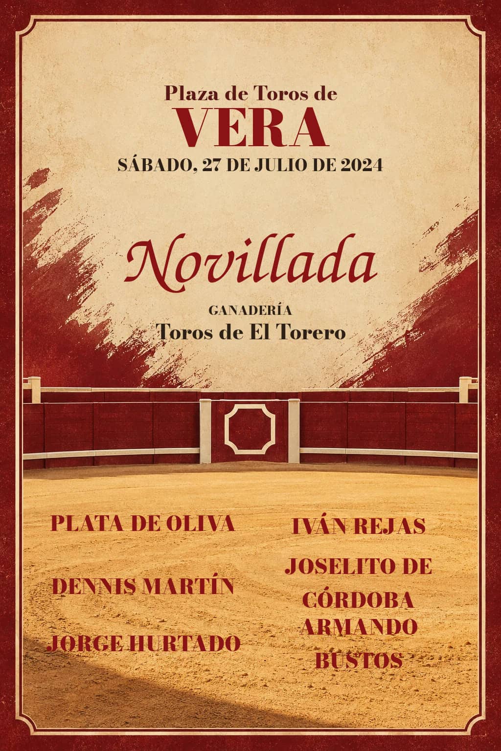 Cuarta Selección XXX Ciclo Novilladas Escuelas Taurinas | Vera, Almería. Vera. 2024-07-27. Plata de Oliva, Iván Rejas, Dennis Martín, Joselito de Córdoba, Jorge Hurtado, Armando Bustos. Toros de El Torero