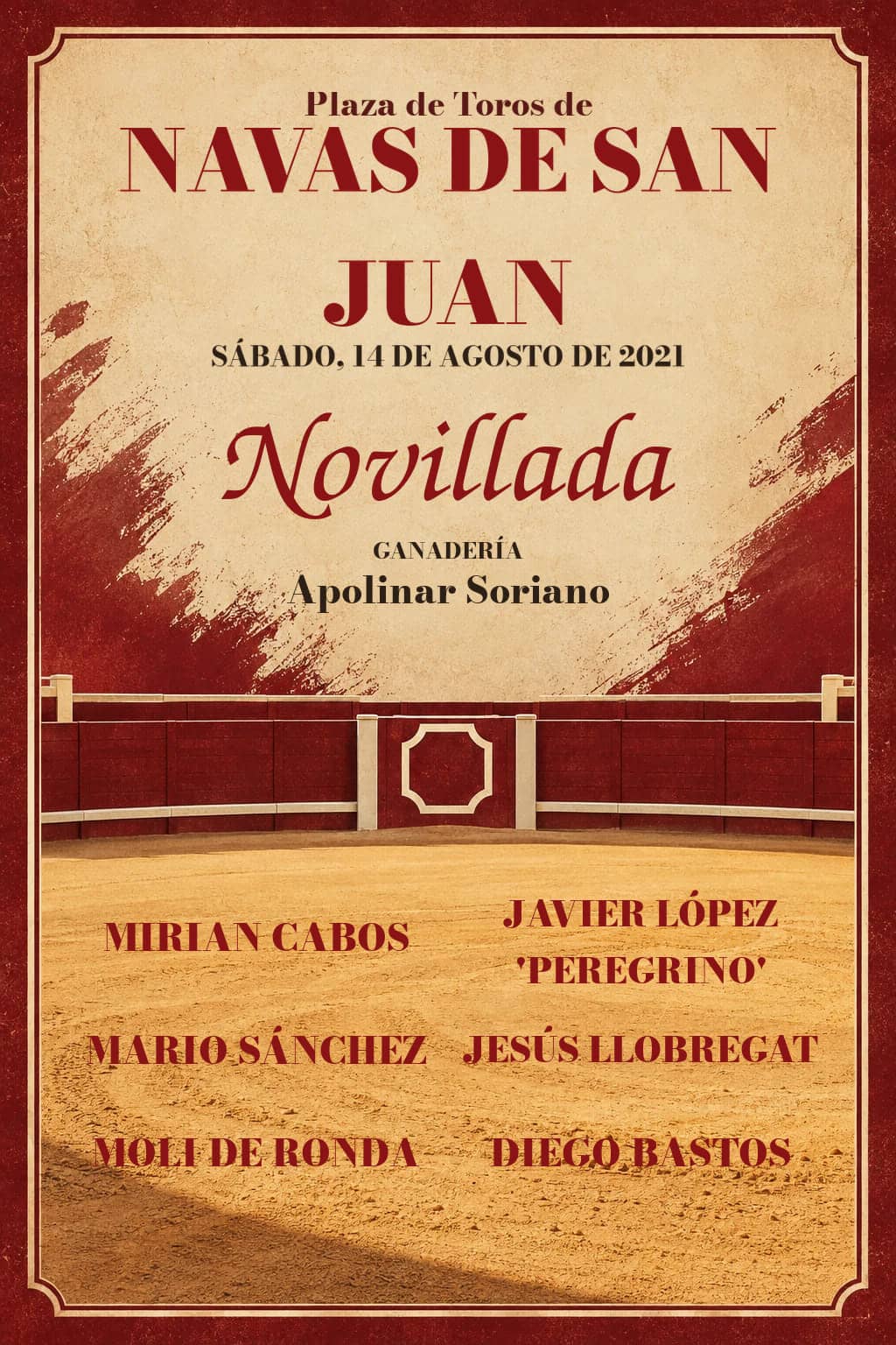 Segunda Semifinal XXVII Ciclo de Novilladas | Navas de San Juan, Jaén. Navas de San Juan. 2021-08-14. Mirian Cabos, Javier López 'Peregrino', Mario Sánchez, Jesús Llobregat, Moli de Ronda, Diego Bastos. Apolinar Soriano