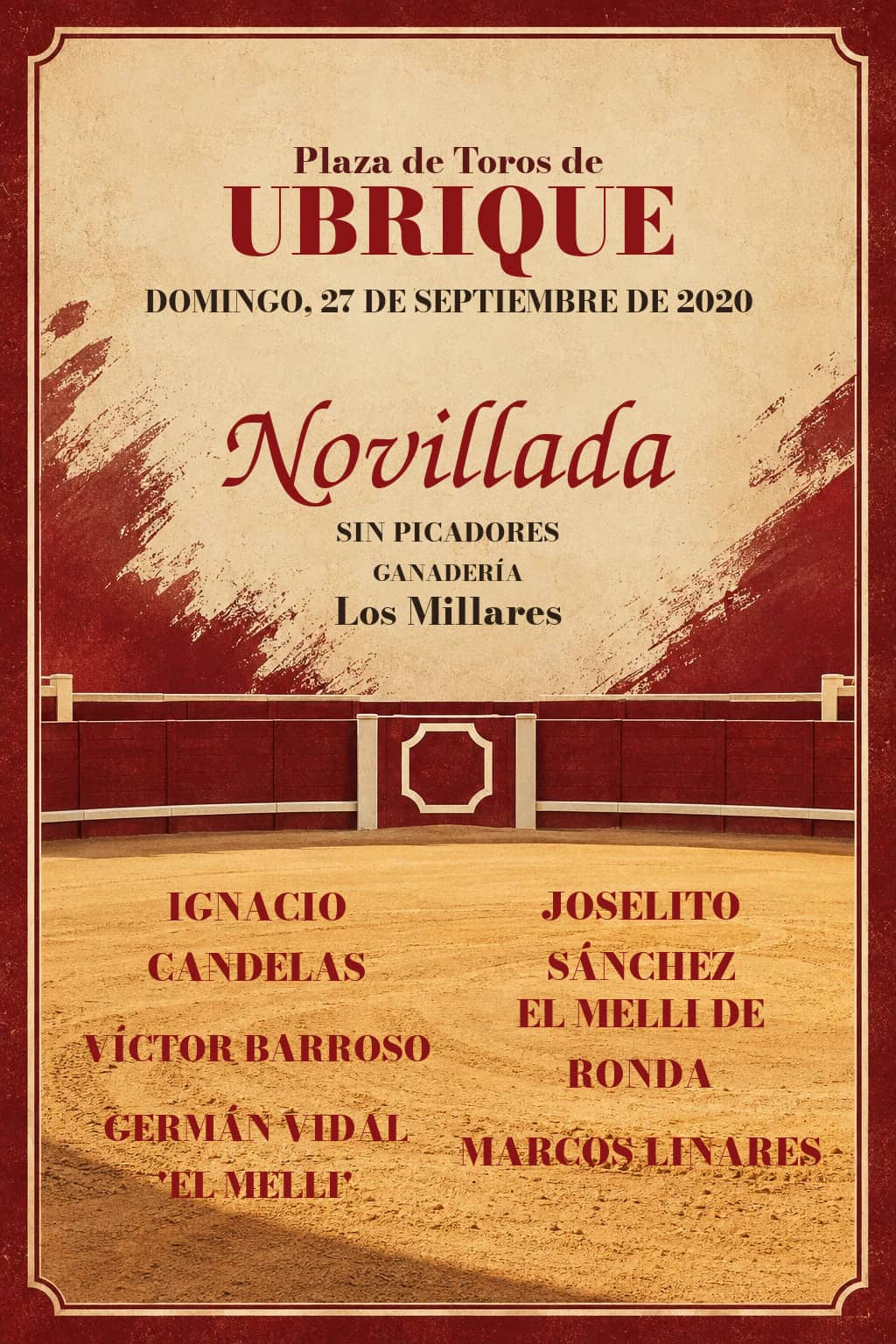 Novillada sin picadores | Ubrique, Cádiz. Ubrique. 2020-09-27. Ignacio Candelas, Joselito Sánchez, Víctor Barroso, El Melli de Ronda, Germán Vidal 'El Melli', Marcos Linares. Los Millares