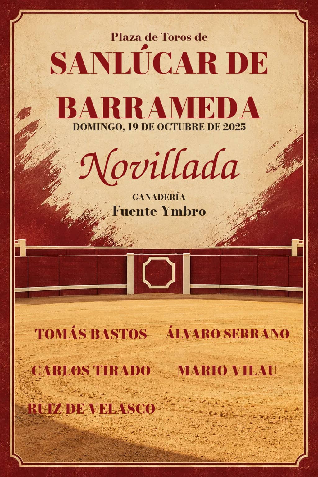 Gran final Nacional de Novilladas desde Sanlúcar de Barrameda. Sanlúcar de Barrameda. 2025-10-19. Tomás Bastos, Álvaro Serrano, Carlos Tirado, Mario Vilau, Ruiz de Velasco. Fuente Ymbro