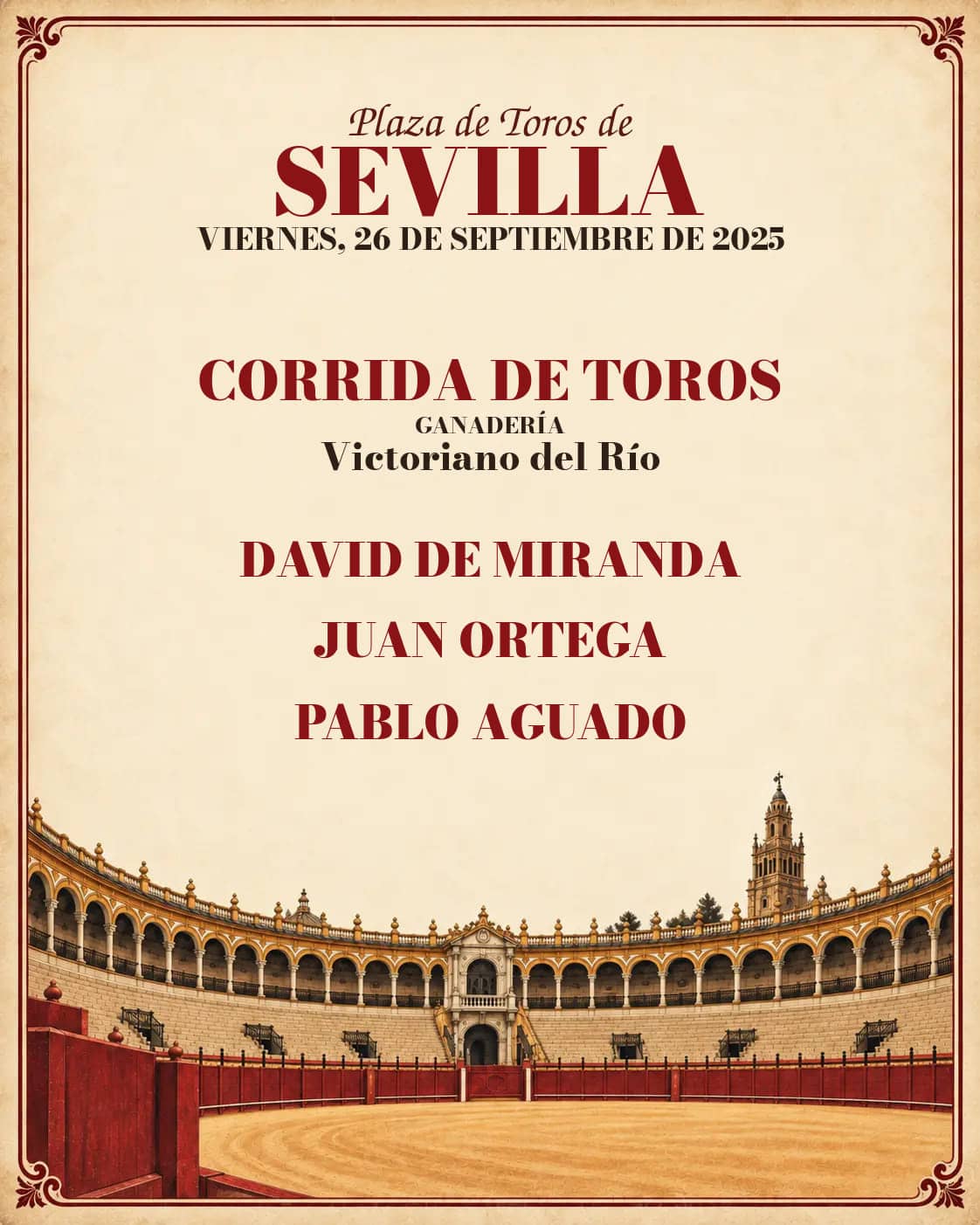 I Corrida Feria de San Miguel, Sevilla: Juan Ortega, Pablo Aguado y David de Miranda. Sevilla. 2025-09-26. David de Miranda, Juan Ortega, Pablo Aguado. Victoriano del Río
