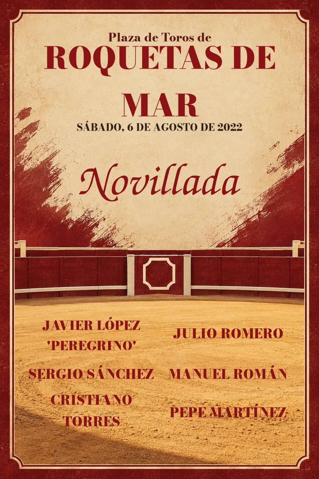 Novillada desde Roquetas de Mar (Almería). Roquetas de Mar. 2022-08-06. Javier López 'Peregrino', Julio Romero, Sergio Sánchez, Manuel Román, Cristiano Torres, Pepe Martínez