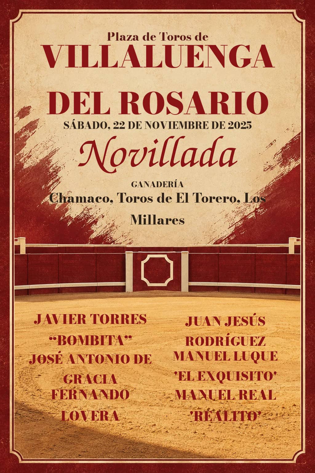 Toros desde Villaluenga del Rosario. Villaluenga del Rosario. 2025-11-22. Javier Torres “Bombita”, Juan Jesús Rodríguez, José Antonio de Gracia, Manuel Luque 'El Exquisito', Fernando Lovera, Manuel Real 'Realito'. Chamaco, Toros de El Torero, Los Millares