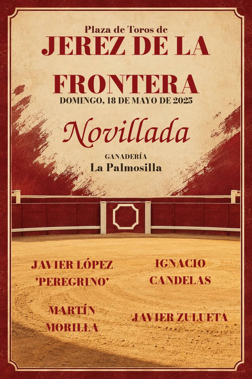 Novillada con picadores | Jerez de la Frontera, Cádiz. Jerez de la Frontera. 2025-05-18. Javier López 'Peregrino', Ignacio Candelas, Martín Morilla, Javier Zulueta. La Palmosilla