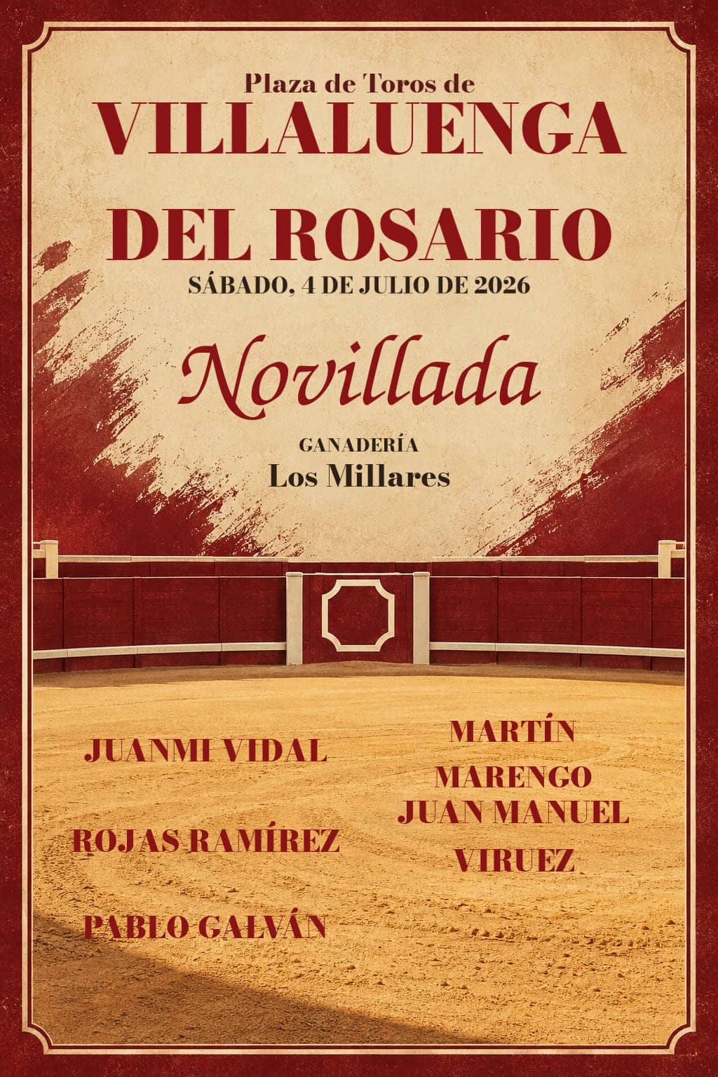 XXXII Ciclo de Novilladas · Villaluenga del Rosario. Villaluenga del Rosario. 2026-07-04. Juanmi Vidal, Martín Marengo, Rojas Ramírez, Juan Manuel Viruez, Pablo Galván. Los Millares