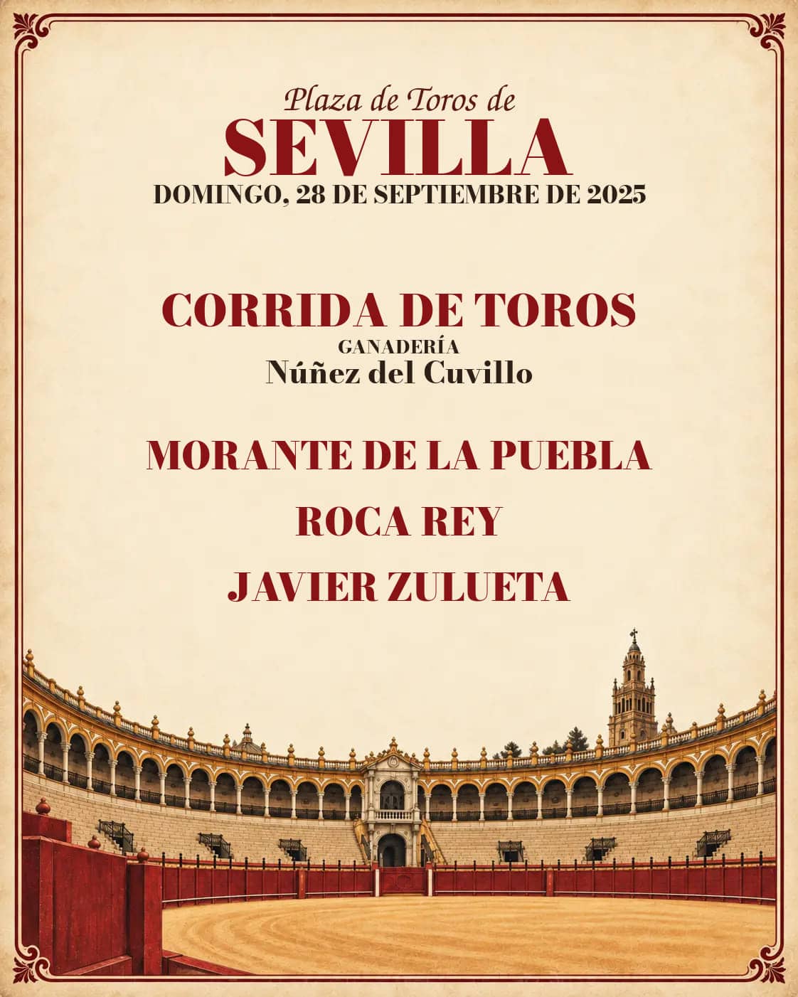 III Corrida Feria de San Miguel, Sevilla: Morante de la Puebla, Roca Rey y Javier Zulueta. Sevilla. 2025-09-28. Morante de la Puebla, Roca Rey, Javier Zulueta. Núñez del Cuvillo
