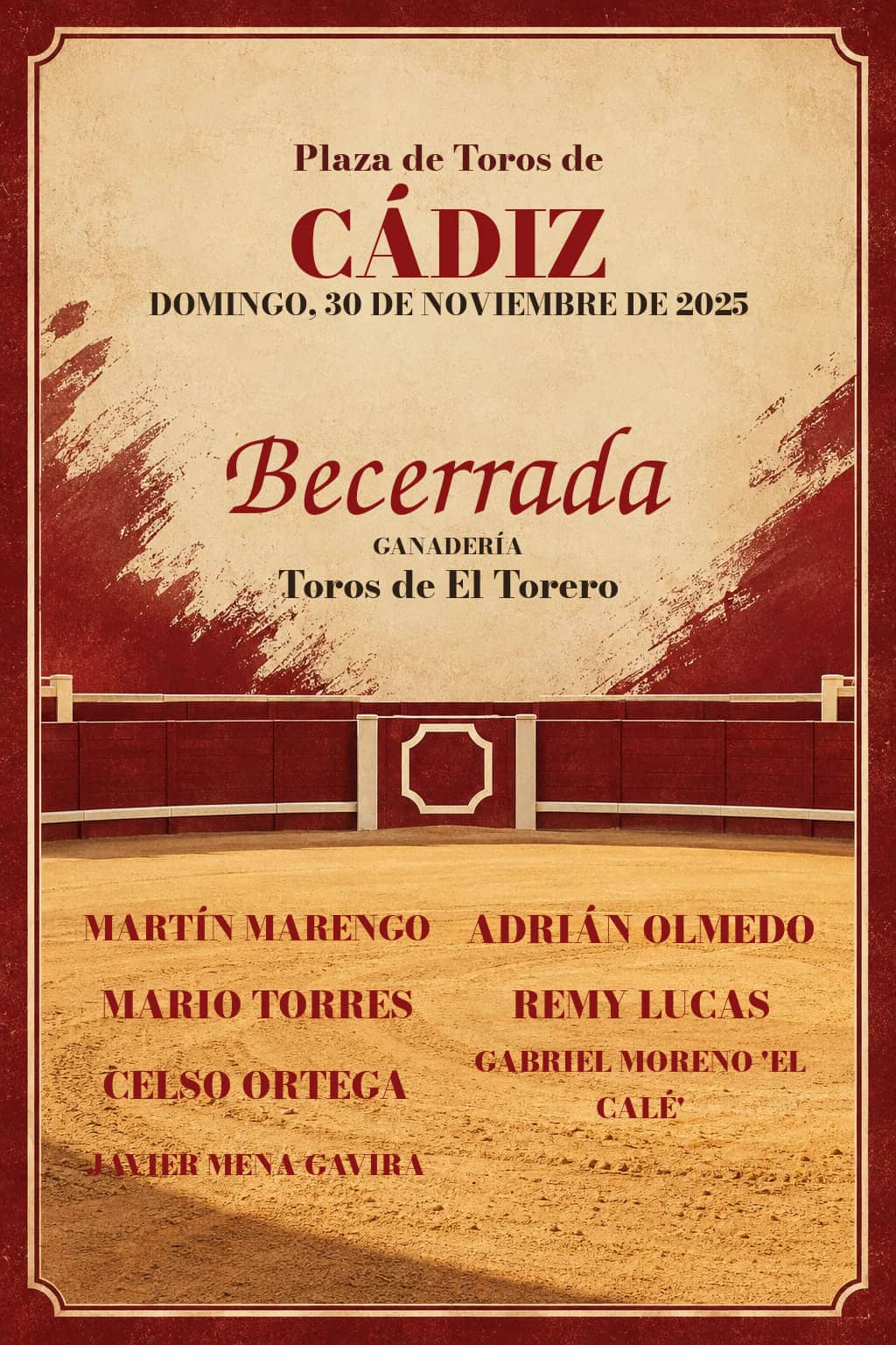 Gran Final de Becerristas de las Escuelas Taurinas de Cádiz. Cádiz. 2025-11-30. Martín Marengo, Adrián Olmedo, Mario Torres, Remy Lucas, Celso Ortega, Gabriel Moreno 'El Calé', Javier Mena Gavira. Toros de El Torero