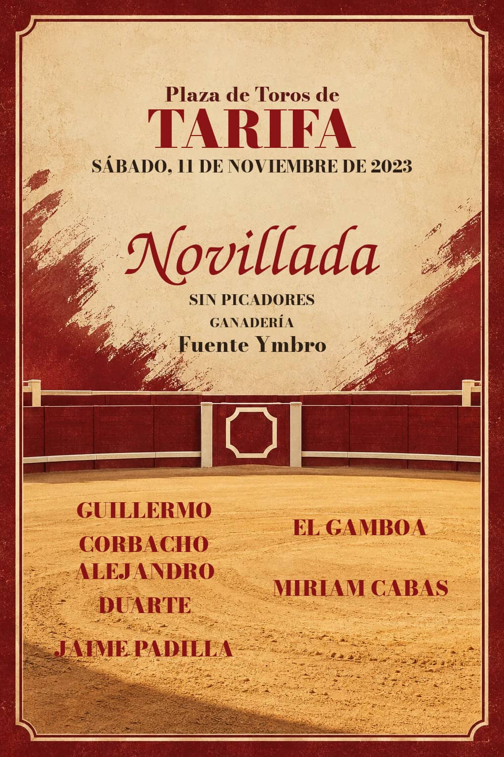 Novillada sin picadores | Tarifa, Cádiz. Tarifa. 2023-11-11. Guillermo Corbacho, El Gamboa, Alejandro Duarte, Miriam Cabas, Jaime Padilla. Fuente Ymbro