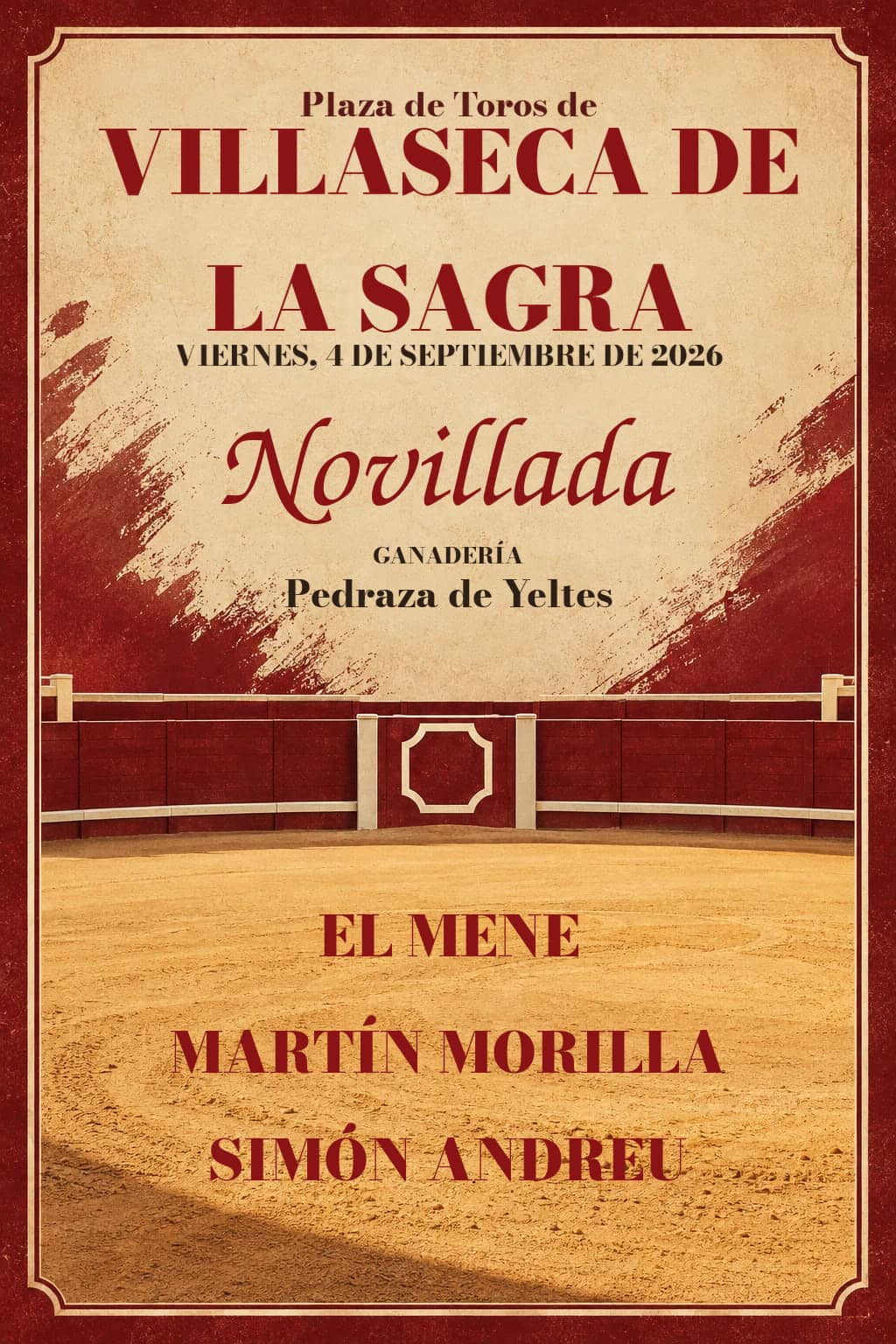 Novillada desde Villaseca de la Sagra (04/09/2026). Villaseca de la Sagra. 2026-09-04. El Mene, Martín Morilla y Simón Andreu. Pedraza de Yeltes